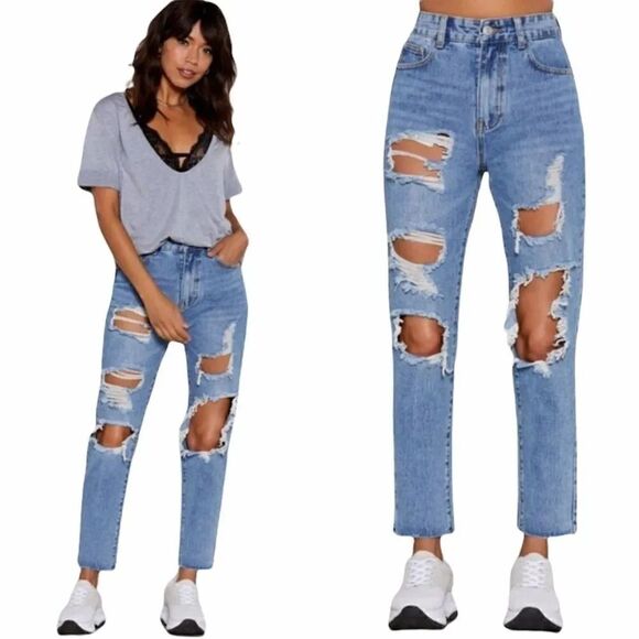 Momokrom High Waisted Straight‎ Leg Mom Super Distressed Raw Hem Jean Size 6 - Picture 1 of 13